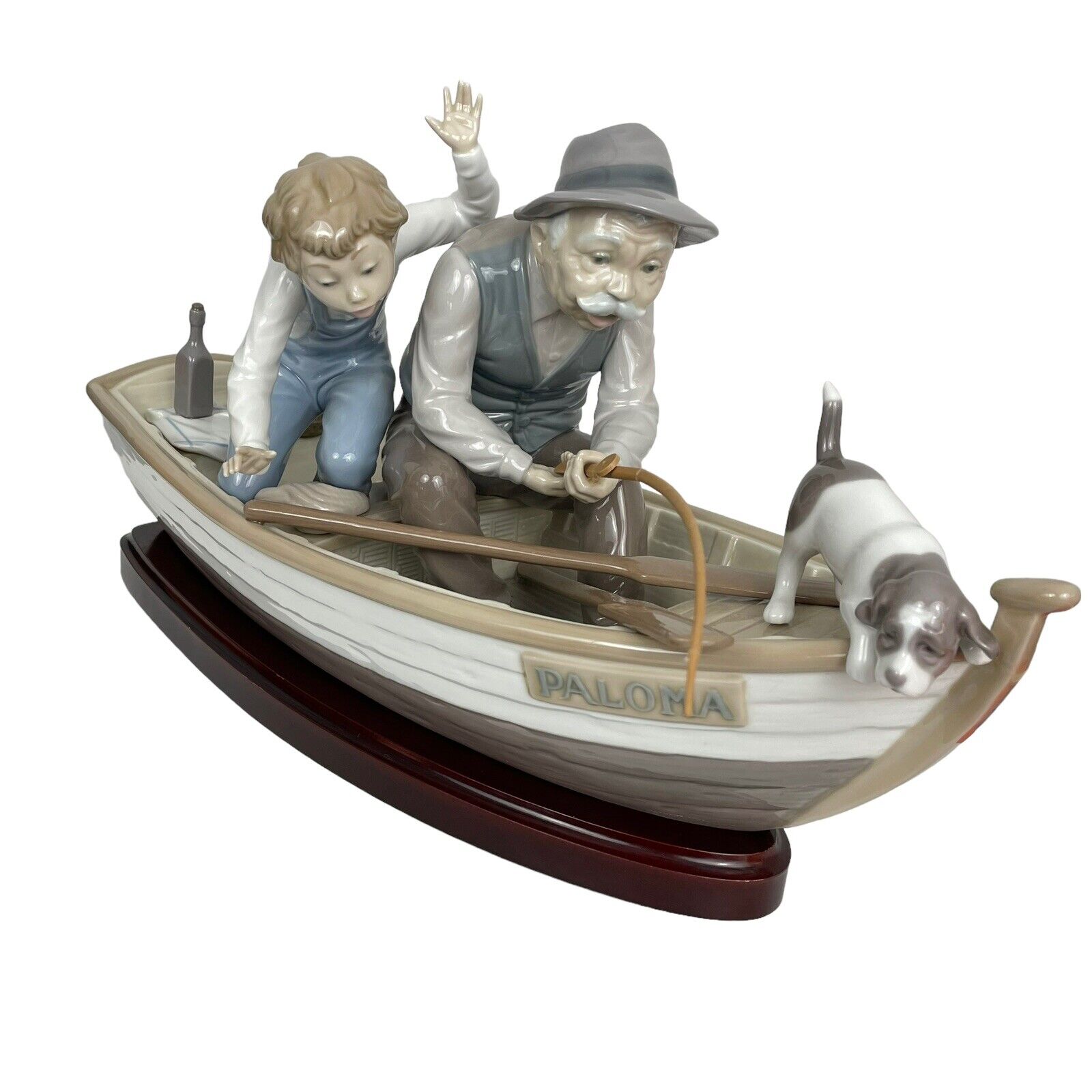 LLADRO Porcelain Figurine 5215 Boy Fishing With Gramps and Dog Wooden Base