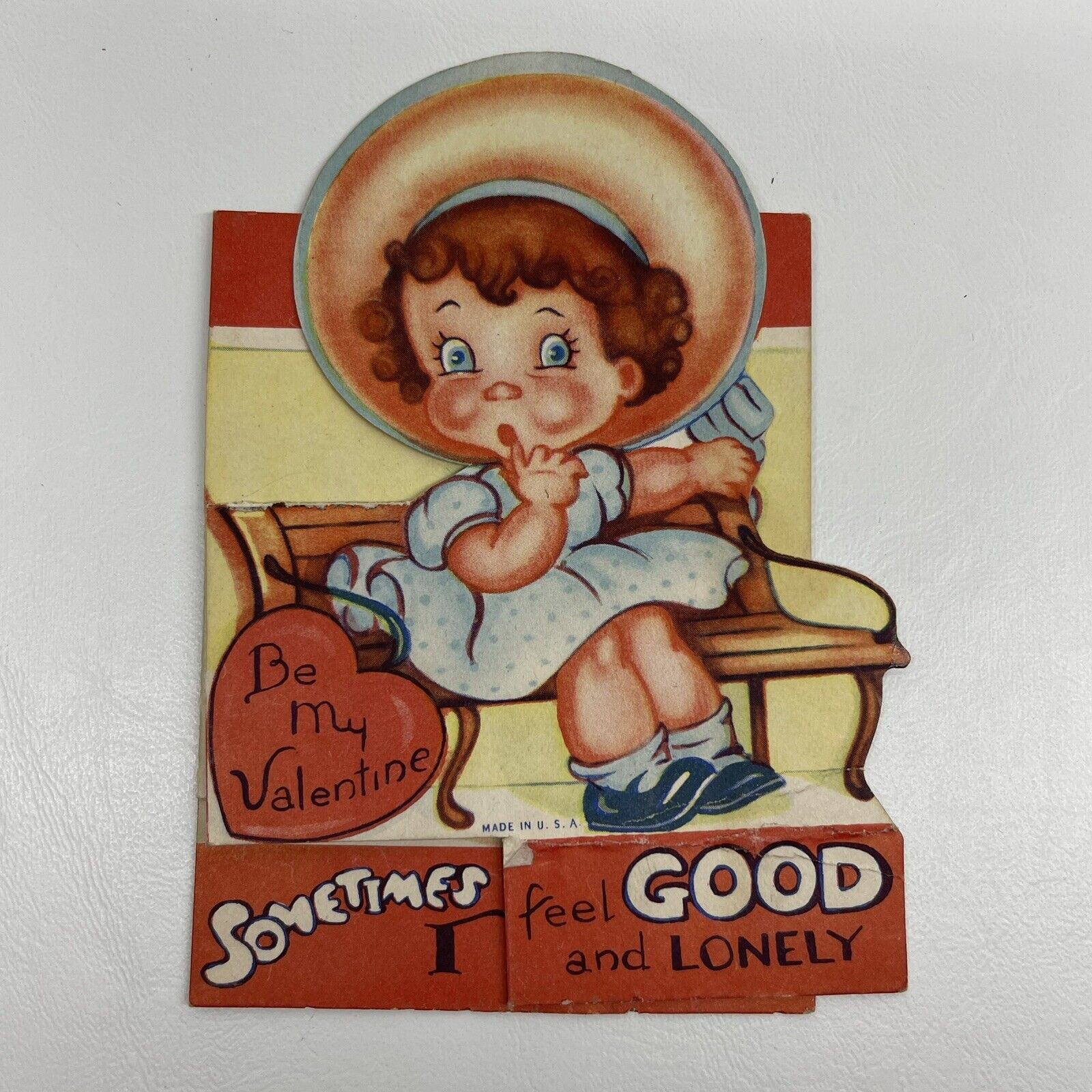 Vtg 1940s Valentine Card Die Cut Girl Chubby Cheeks Bloomers Curls Hat 5\