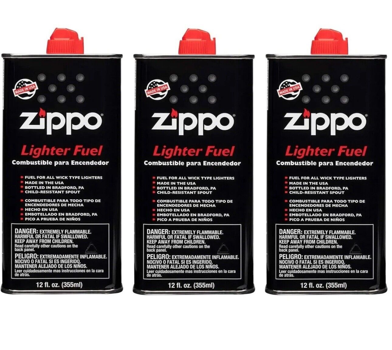 ZIPPO LIGHTER FUEL 12 oz 355 ml Lighter Fluid MADE IN USA **PACK OF 3**