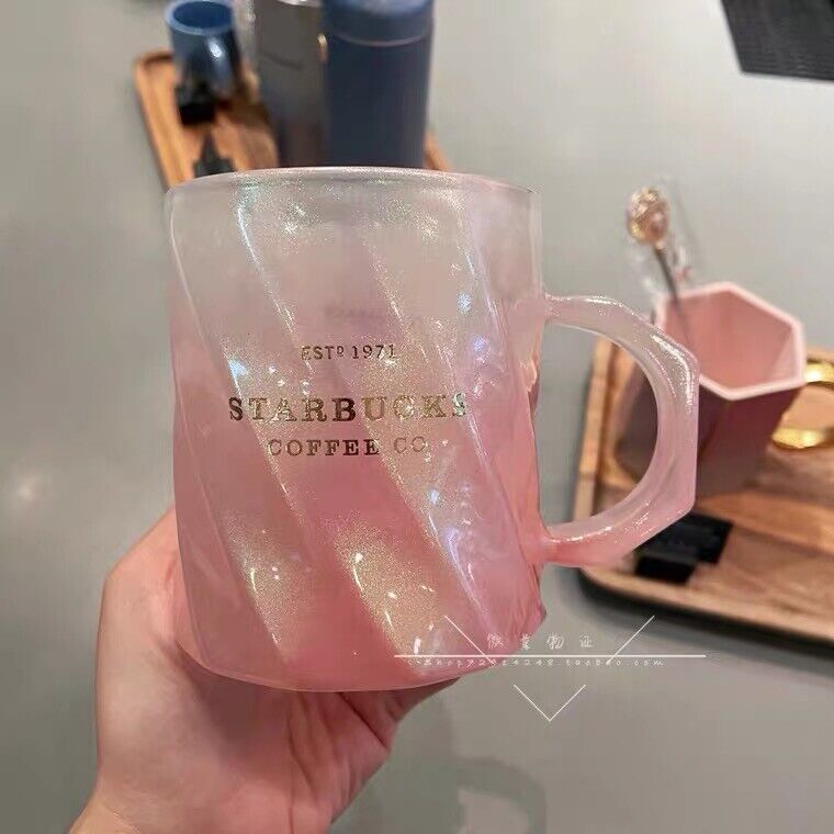 Starbucks Glass Cup Gradient Glitter Sakura Pink Coffee Mug 12oz Valentine's Day