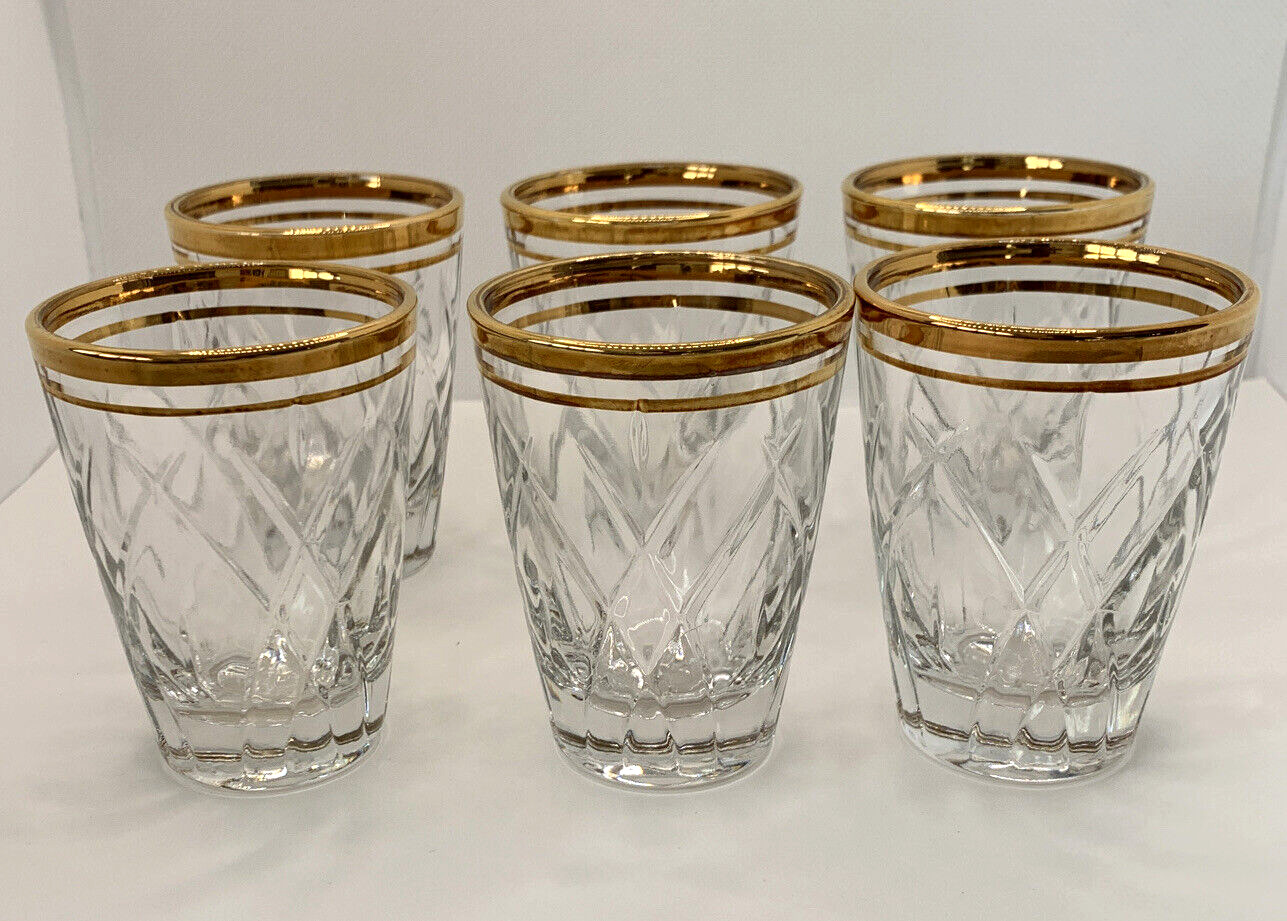 Crystal Shot Glass Gold Gilt Rim 6 Elegant Clear Vintage Glass Barware Whiskey