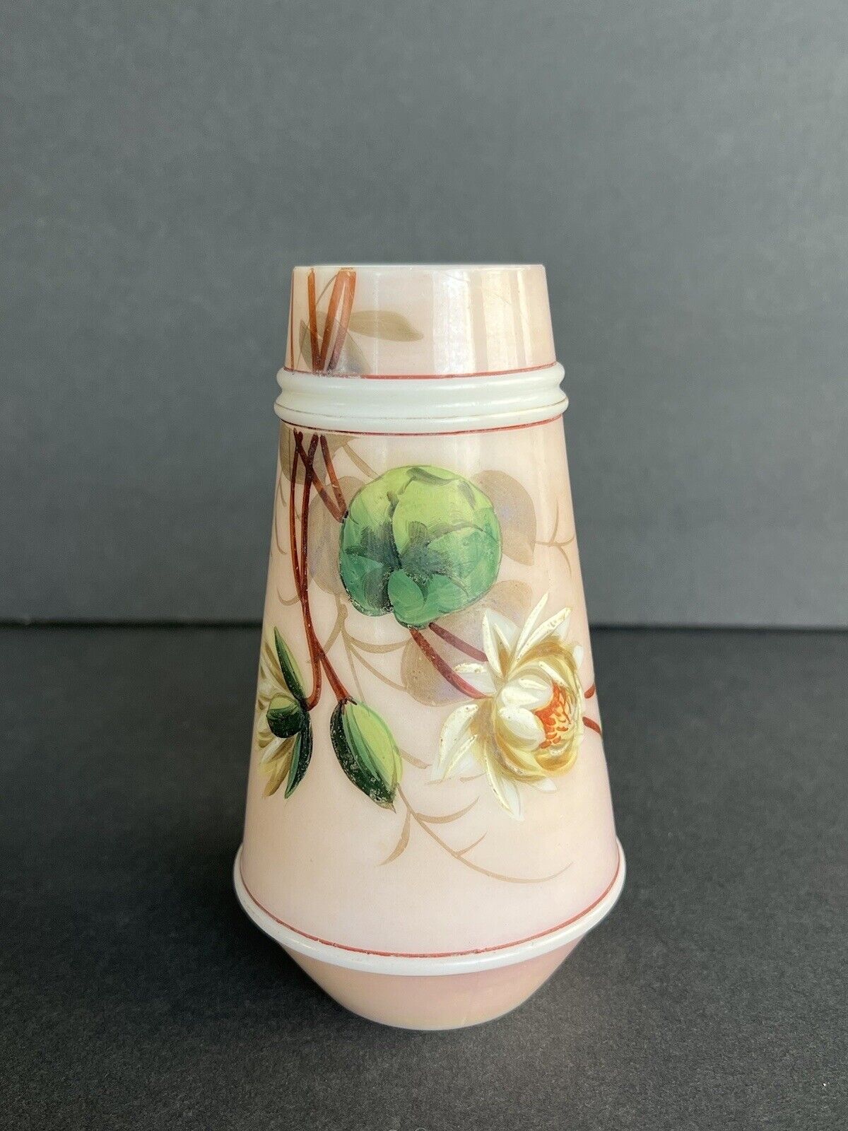 Antique Hand-Painted Bird Pink Opaline Glass Vases C.1890 By Smith Brothers 