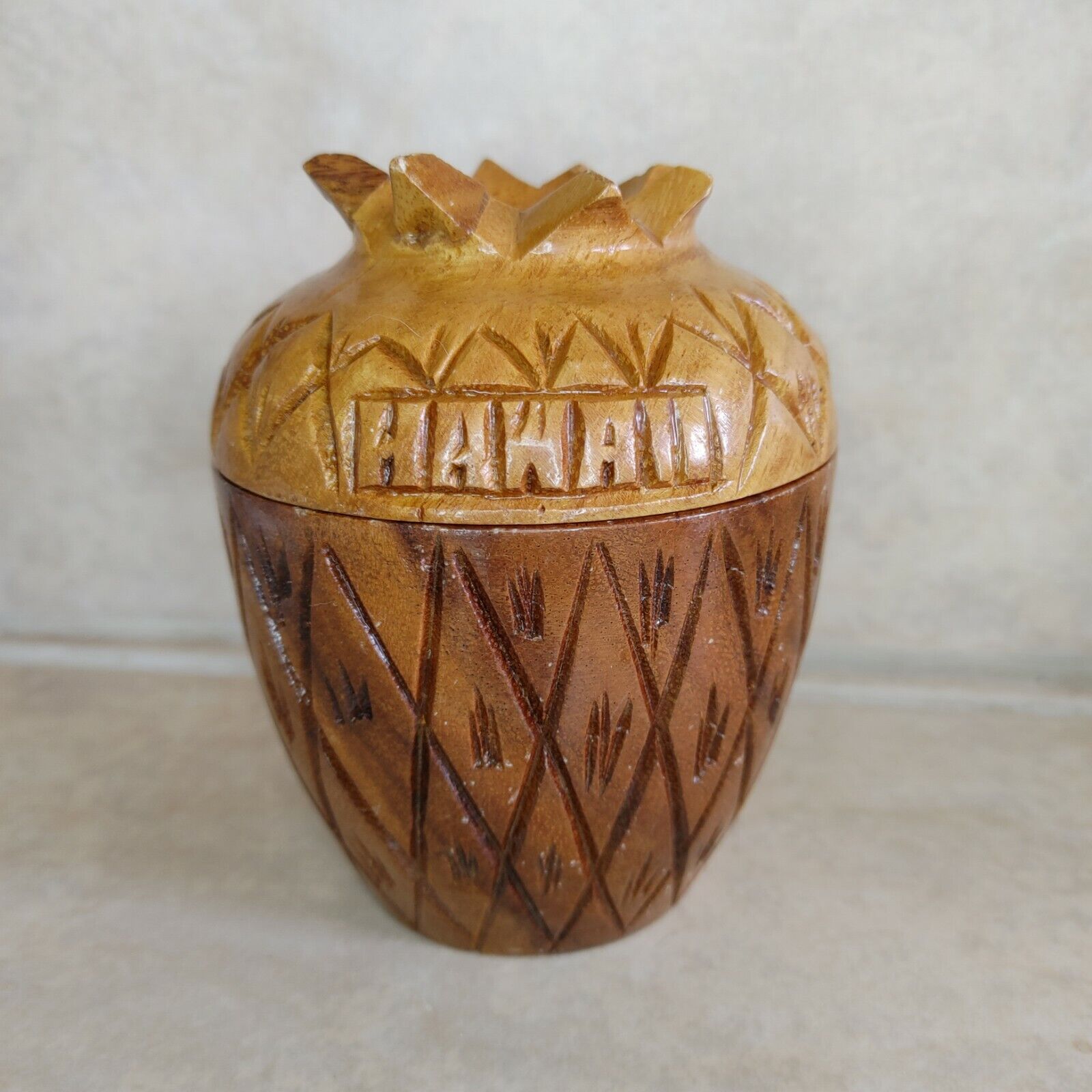Vintage Hawaiian Pineapple Bowl Vase Candy Jar Wooden Souvenir 90s