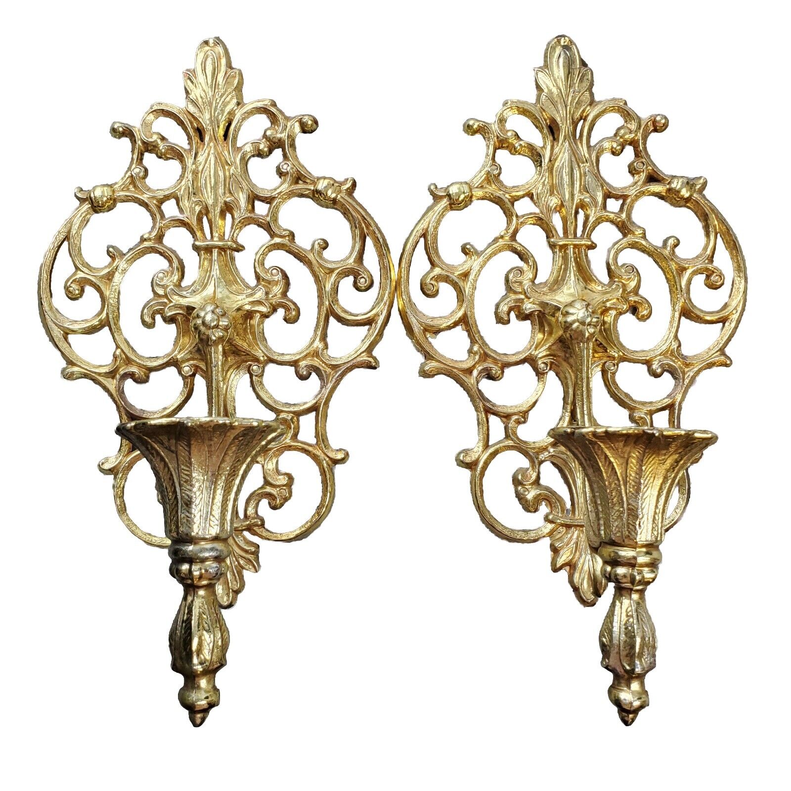 Vintage Wall Sconce Gold Metal Candle Holder Pair Two Adults MCM 11