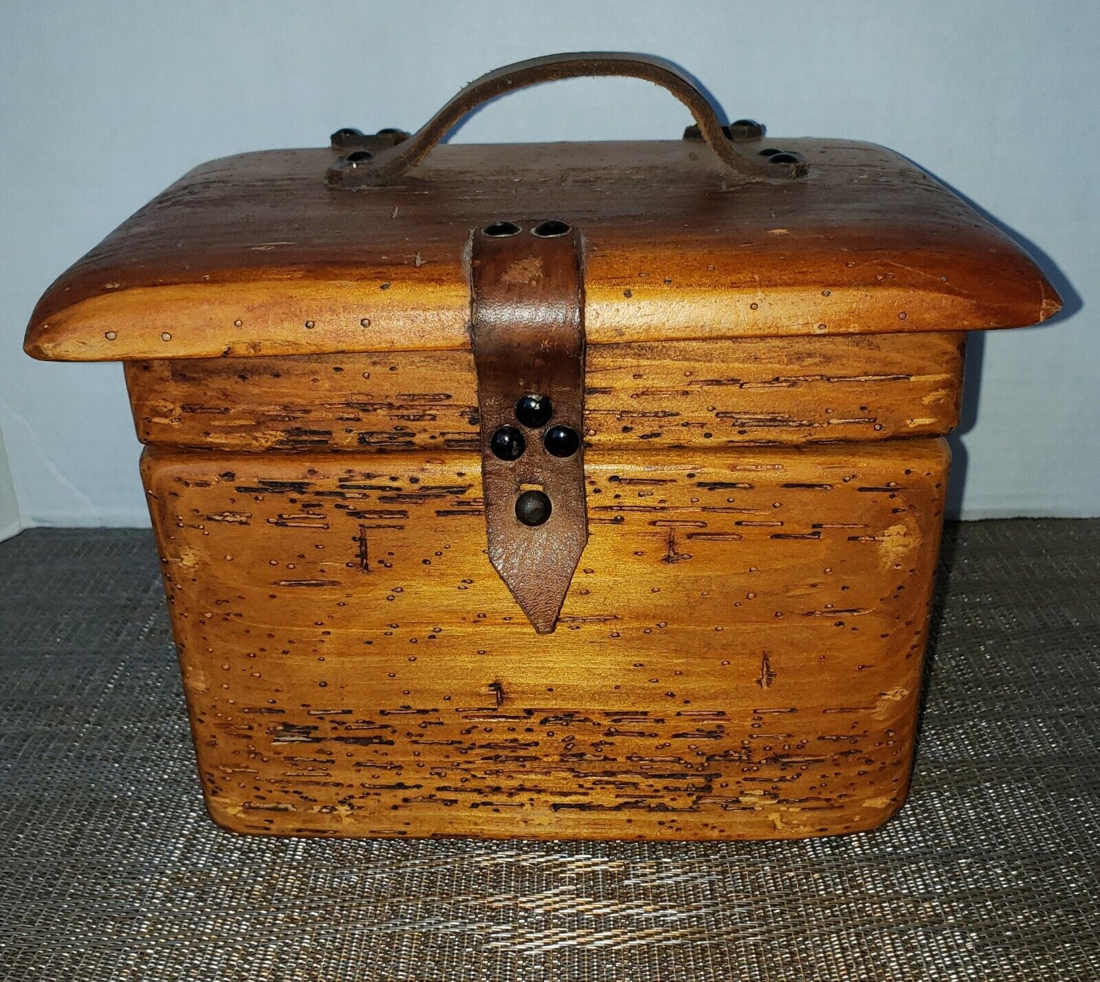 Distressed Wood Leather Handle Trunk Box Treasure Stash Handmade Mexico Vintage