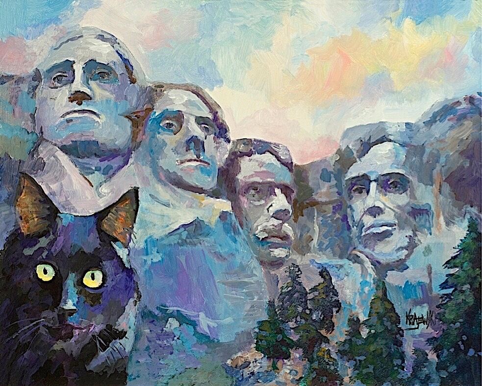 Black Cat at Mt. Rushmore Art Print from Painting | Black Cat Gifts, Decor 8x10