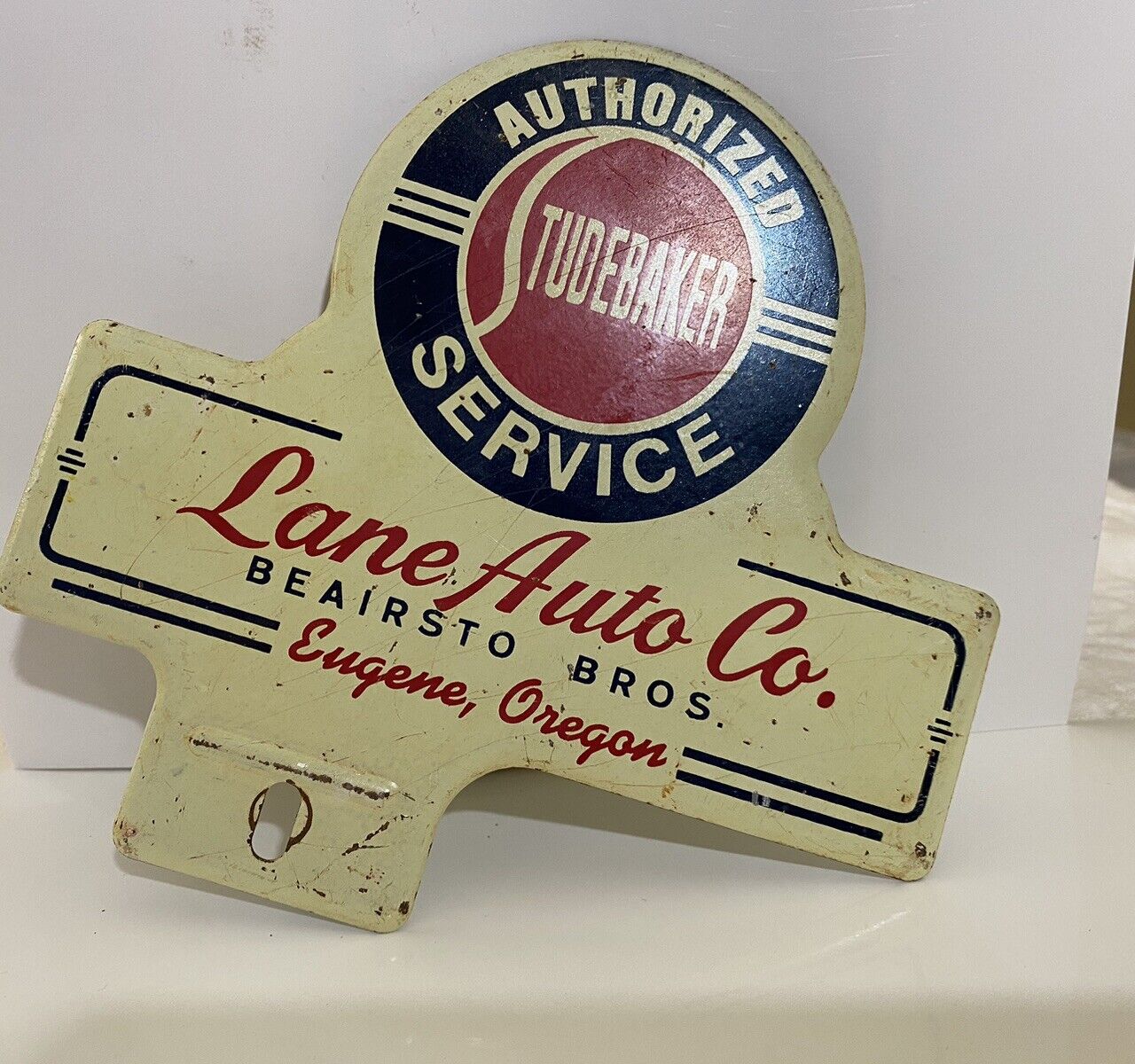Vintage Studebaker Lane Auto Co Eugene Oregon Metal License Plate TOPPER Origina