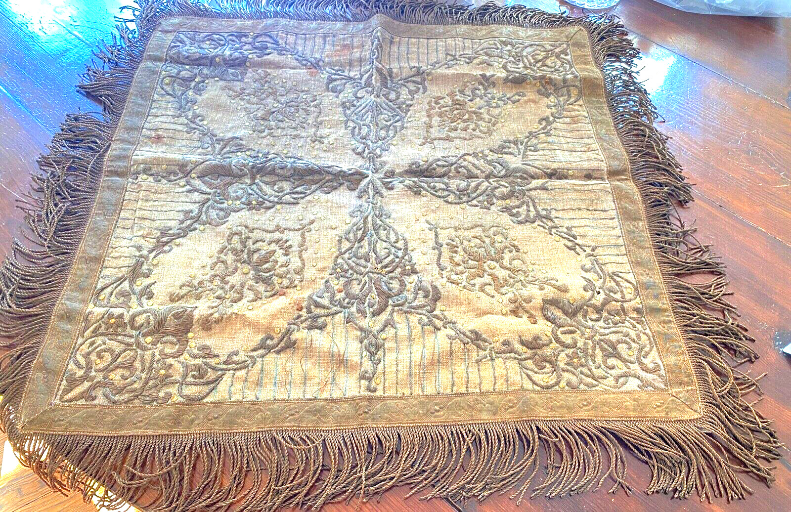 Antique Heavily Metallic Embroidered Linen Table Cover Cloth  WW228