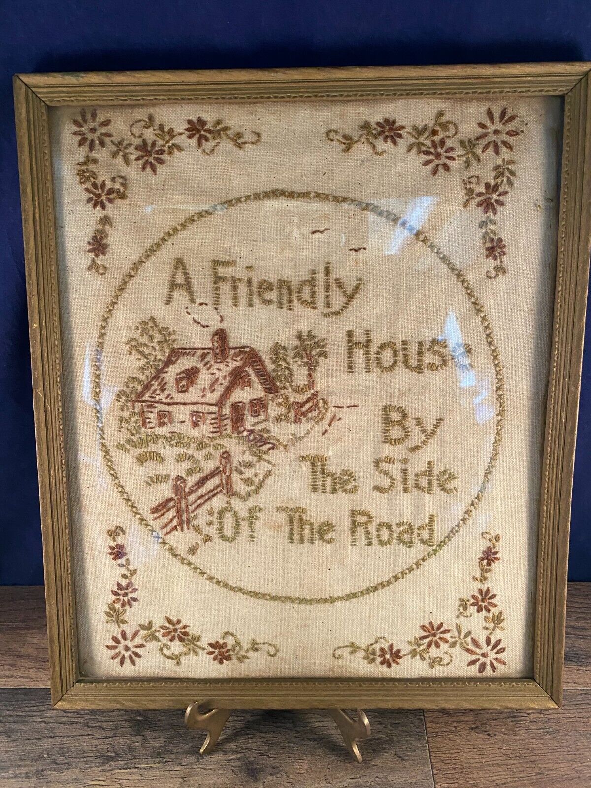 Friendly House Side of Road Antique Sampler Framed 11\