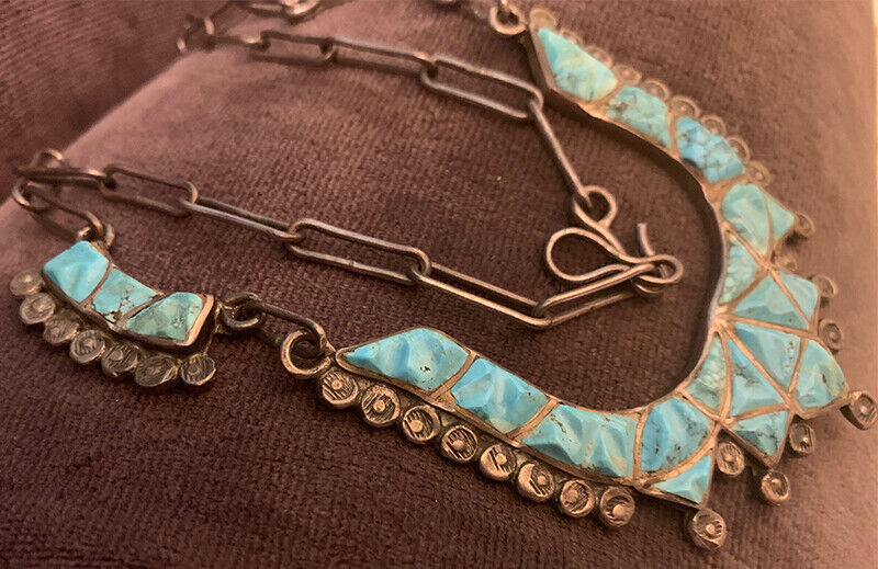 Rare Zuni attr. Frank Vacit Carved No. 8 Turquoise Channel Set Necklace 1930s