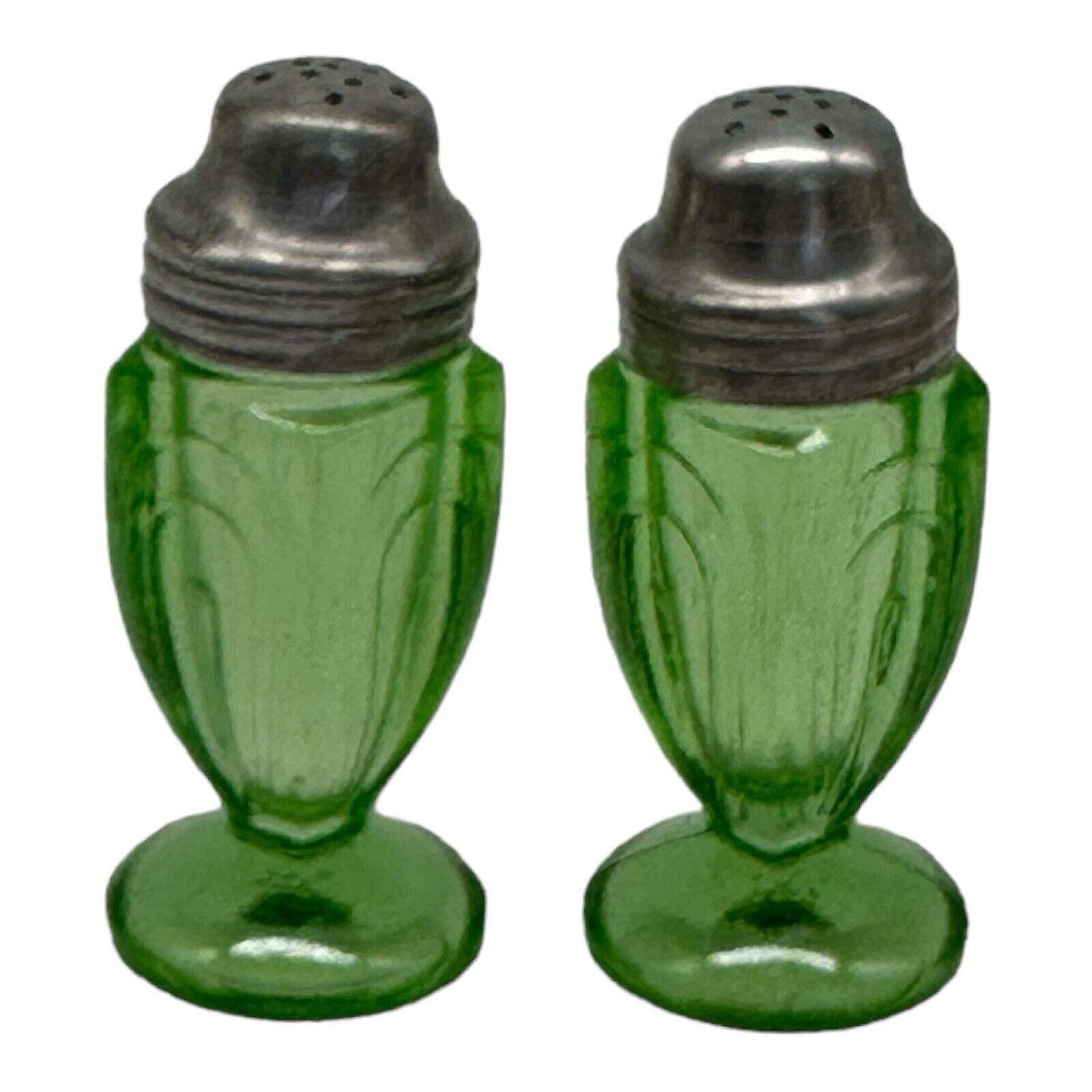 VTG Hazel Atlas Footed Panel Green Vaseline Depression Glass Salt/Pepper Shakers