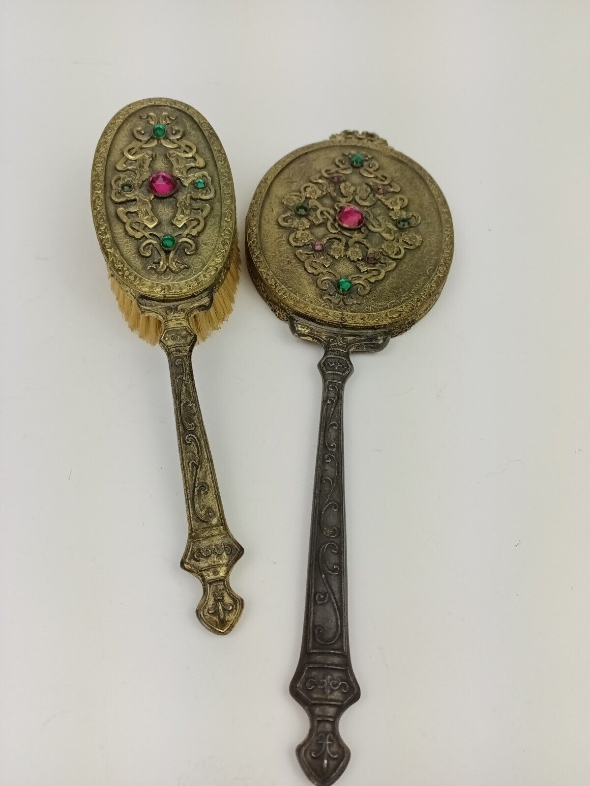 Antique Hand Mirror Brush Vanity Set With Green And Red Jewel Accents 