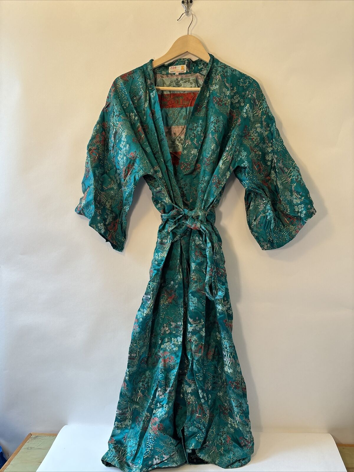 Vintage Longevity Japanese Womens Robe/Kimono Blue/Green With Pattern Size Small