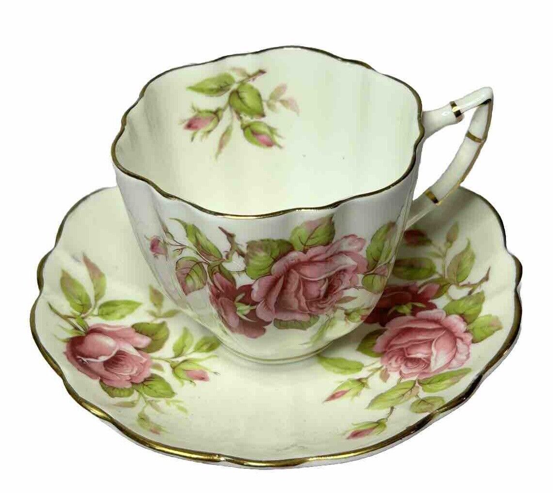 Victoria C&E Pink Cabbage Rose Bone China Teacup And Saucer With Gold Trim