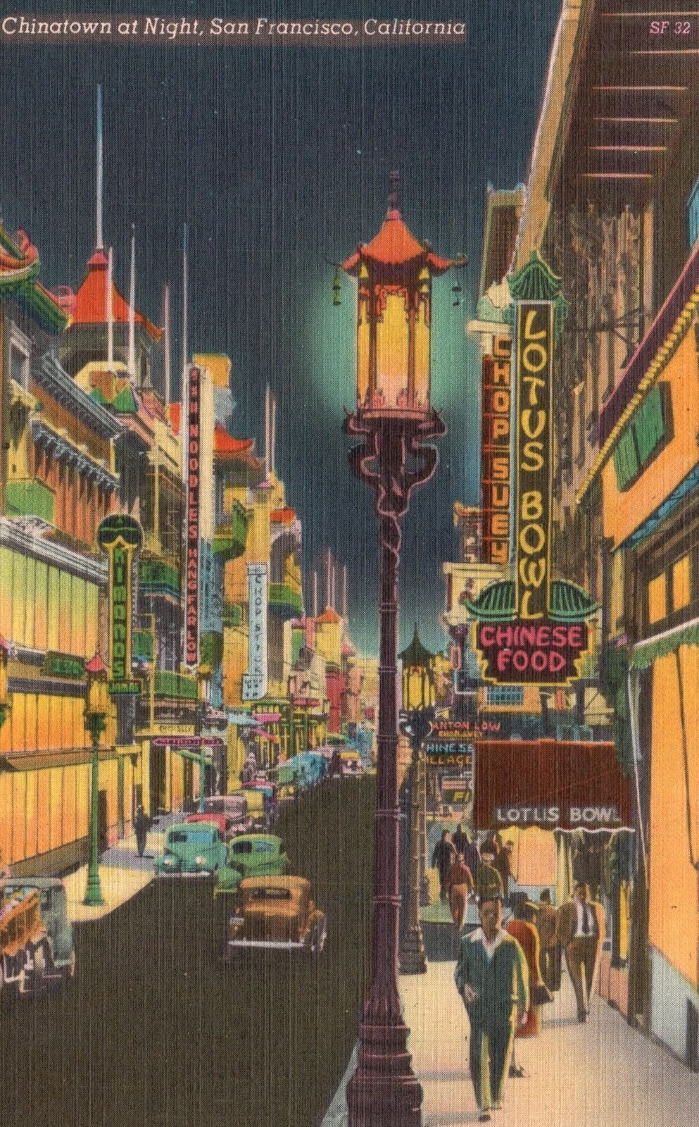 Vintage Postcard Chinatown Night Lotus Bowl Restaurants San Francisco California