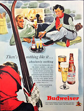 1949 Budweiser Beer Print Ad Couple at Ski Lodge in front of Fireplace Drinking picture