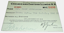 1916 C&EI CHICAGO & EASTERN ILLINOIS RAILWAY EMPLOYEE PASS #2496 picture