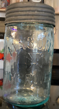Rare HFJ Co Mason Improved Lt Blue pint jar with glass cross lid & zink holder picture