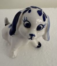 Miniature Blue & White Ceramic China Dog Figurine Puppy Happy Eye Lash Ink Tiny picture