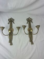 Pair 2 Vtg Cast Brass  Bow Tassel Double Candle Holder Wall Sconce Two’s Company picture