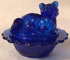 Mini Kitten - Cat Salt Cellar / Salt Dip - Cobalt Blue Glass - Mosser USA picture