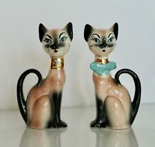 Vintage Pair of Ceramic Fancy Cats Figurines Turquoise & Gold Collar 50's picture