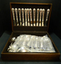 Vintage 63 Piece Wm. Rogers & Sons Enchanted Rose Flatware Set In Wooden Box VG picture