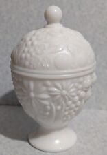 Vntg White Milk Glass Footed Covered Bowl Vanity Trinket Dish - Textured Florals picture