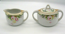 Antique Nippon Hand Painted Floral Luster Porcelain Creamer & Lidded Sugar Bowl picture
