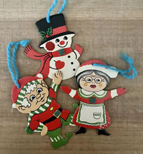 Vintage Christmas 3-Piece Cardboard Ornaments Elf Mrs. Claus Snowman picture