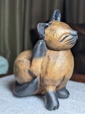 Vintage Hand Carved & Painted Wood Kitty Cat Scratching His Ear picture