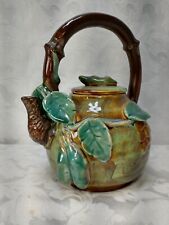 Majolica Teapot Green  Teracotta Glazed Leaf Bamboo Style picture