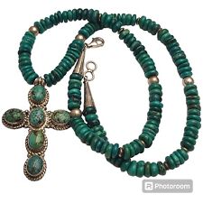 ICONIC NAVAJO Sammy Long Kingman Spider Web Turquoise SILVER CROSS NECKLACE picture