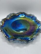 Vintage Fenton Iridescent Dark Blue Carnival Glass Ruffled Rim Dish picture