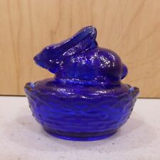 McKee SUMMIT Cobalt Blue Glass Bunny Rabbit On Nest SALT Cellar Dip Covered Bowl picture