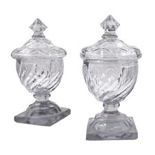 English Georgian Pair of Cut Swirled Glass Urns with Dome Lids, 18th Century picture