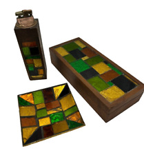 Georges Briard Mosaic Glass MCM Green Amber Orange Lighter Ashtray Cigarette Box picture