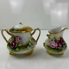 Elite Limoges France Antique Cream & Sugar Hand Painted Floral Gold Footed Trim picture
