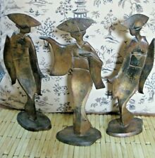 Signed Japanese Metal Art Geisha Dancers (Three) Mid-Century Burnished Gold Tone picture