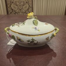 Herend Hungary Rothschild Porcelain Covered Oval Bonbon Dish W Roses & Butterfly picture