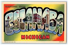 c1940s Large Letter Greetings From Escanaba Michigan MI Unposted Flags Postcard picture