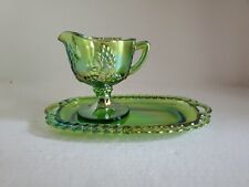 Indiana Glass Carnival Green Lustre Harvest Grape Tray & Creamer  picture
