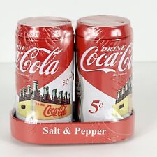 Coca Cola Salt & Pepper Shakers w/ Caddy Drink Classic Coke Soda Tin Red Sealed picture