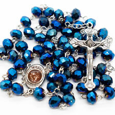 Deep Blue Crystal Beads Rosary Necklace Catholic Holy Soil Center Cross Crucifix picture