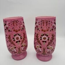 19C Opaline Pink Bristol Glass 2 Vases Enameled With Leaves Flowers 11.5” Rare picture