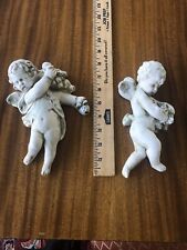 Pair of Aged Handcast Plaster Angels Cherubs Wall Plaques, 9” H, Stamped picture