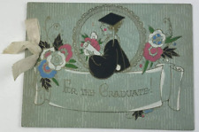 Vtg 1930s Graduation Greeting Card Booklet Diploma Florals Blue/Green 6.25x 4.75 picture