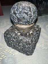 Antique Crystal Inkwell Brass Square Art Heavy Pewter Floral Vine Lid 19th C. picture
