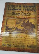 Vtg Wells Fargo Stage Coach Adv. Lacquered Wood Wanted Poster 15