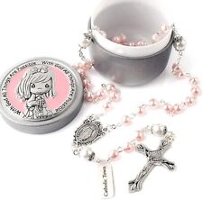 Catholic Town Glass Pearl Beads First Communion Rosary Necklace with Silver box picture